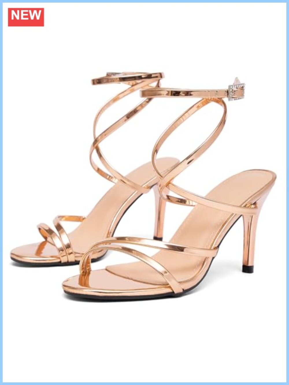 Stiletto Heeled Sandals with Rhinestone Buckle Ankle Strap Round Open Toe